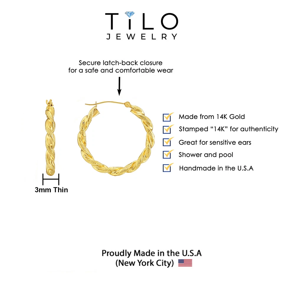 14K Real Solid Yellow Gold Twisted Rope Diamond-Cut Round Chunky Hoop Earrings - Image 2 of 4