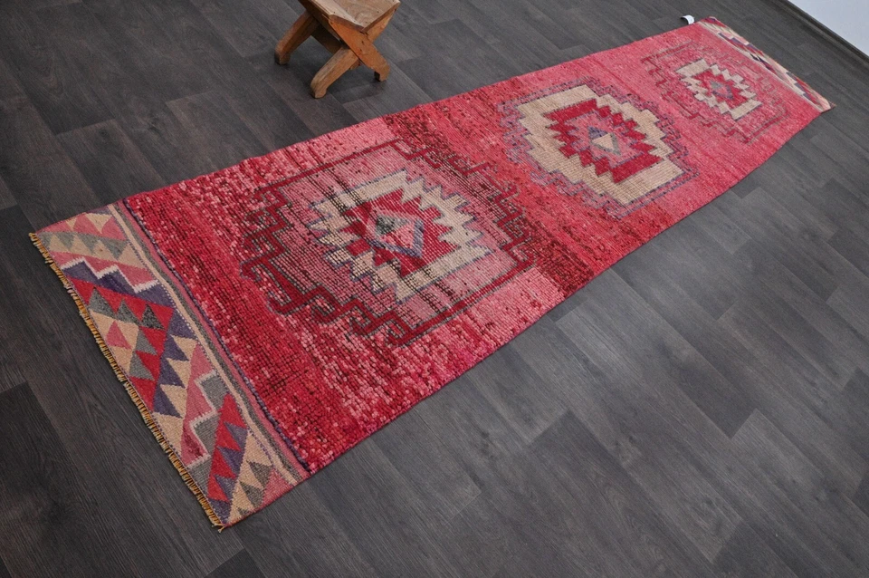 Vintage Turkish Runner Rug 3x12ft Wool Anatolian Handmade Hallway Oushak PINK - Image 2 of 4