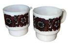 Vintage Milk Glass Red and Black Flower Stacking Coffee Mugs Retro Floral Cups
