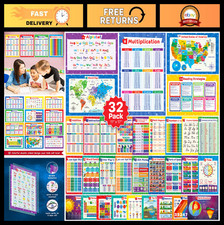32 Educational Posters Set for Kids - 17x11, Multiplication, ABC, Periodic Table