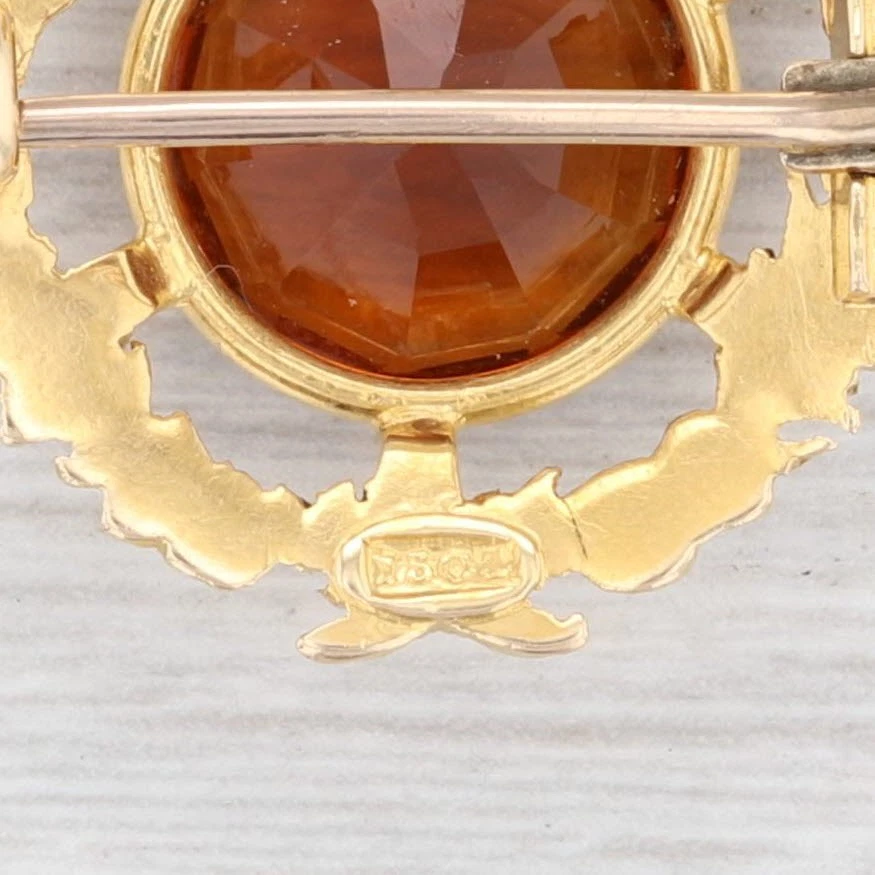 Antiguo broche de piedras preciosas anaranjadas de oro amarillo de 15 k con prendedor de corona de citrino de 5,50 quilates Foto 3 de 4