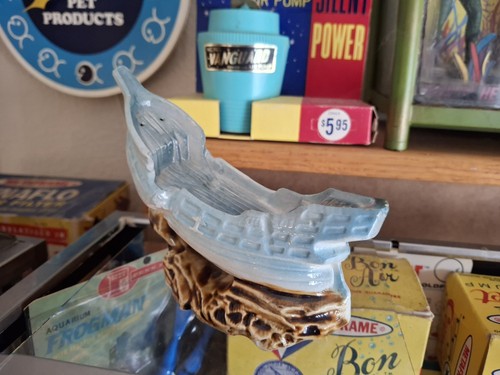Vintage 1950s Aquarium Fishbowl Blue Ceramic Sunken Underwater Boat Ship Bubbler