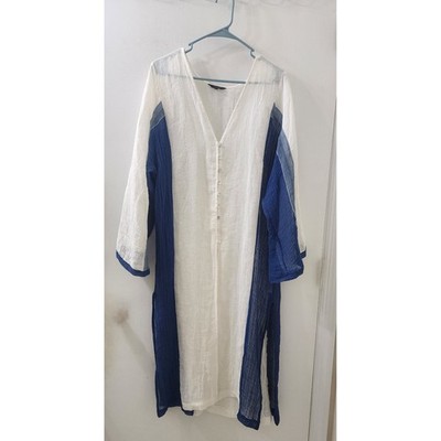 Massimo Dutti Womens Linen Colorblock Tunic Dress White Blue V-Neck M-L 5176