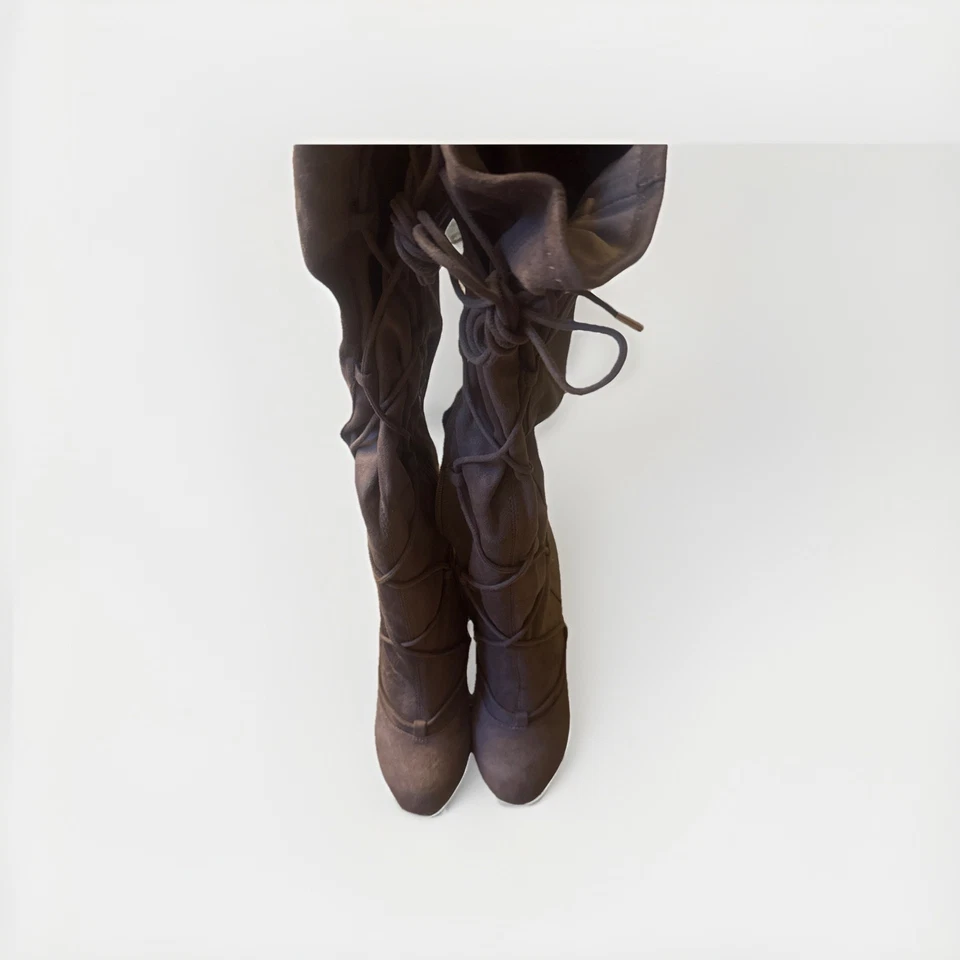 NUEVAS FRH Paula-2 Botas Talla 7.5 TAUPE Mujer Con Cordones Tacón Alto hasta la Rodilla Con Caja Foto 4 de 4