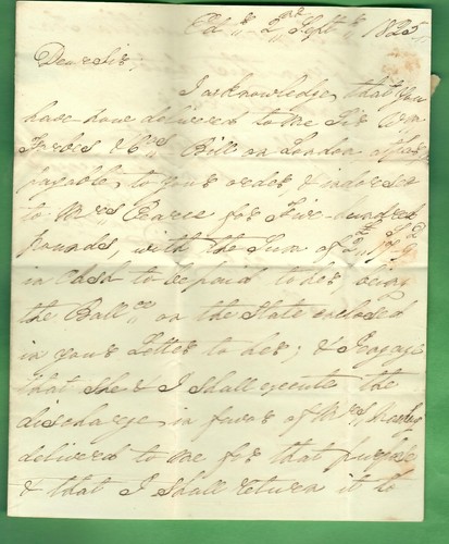 1825 STAMPLESS HANDWRITTEN LETTER REGARDING BUSINESS TRANSACTION - RARE