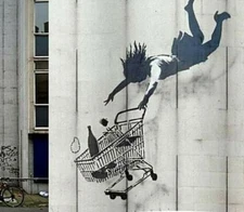 Art Postcard Street Ltd Edition Print Shop Proof Banksy style "shop cart flying"