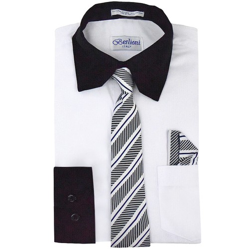 Berlioni Italy Boys Two Toned Kids Toddlers Dress Shirt With Tie & Hanky Set - Picture 4 of 7
