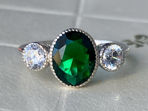 2.50 Ct Oval Lab-Created Emerald 3 Stone Engagement Ring 14K White Gold Plated - Picture 8 of 11