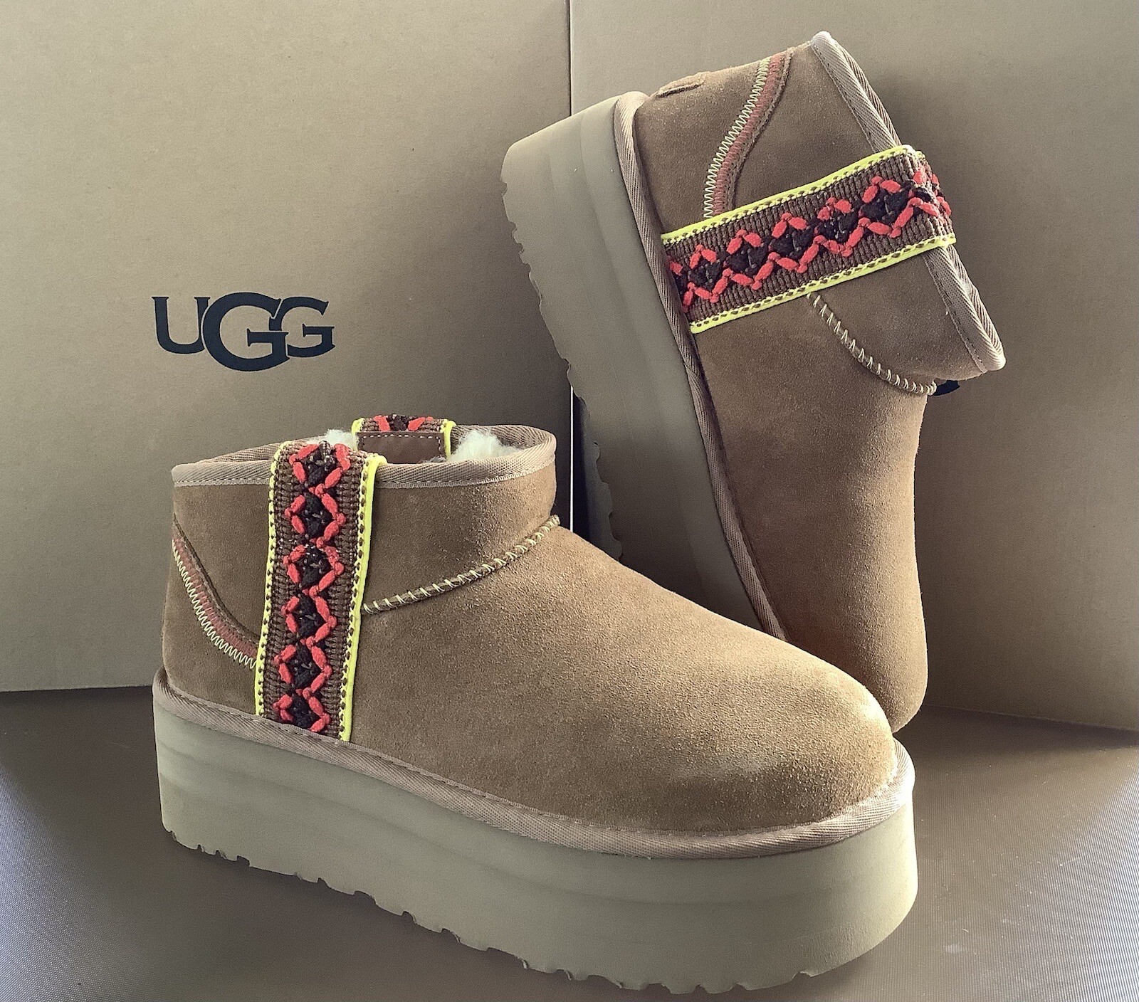 UGG CLASSIC ULTRA MINI BRAID PLATFORM CHESTNUT SUEDE WOMEN'S BOOTS SIZE 10 NIB image 2