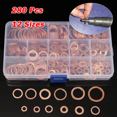 280 Pcs Copper Flat Washer Assortment - 12 Sizes Automotive Hardware Kit With Case