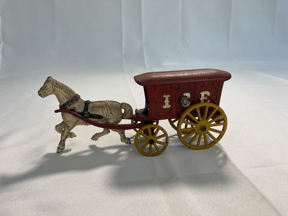 Antique Cast Iron Ice Wagon Horse Pull Collectible Figurine Decor ***