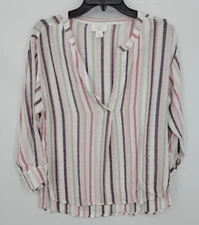 Loft Top Womens Small Pink Multi Stripe Long Sleeve Gauze Popover Beach Lounge