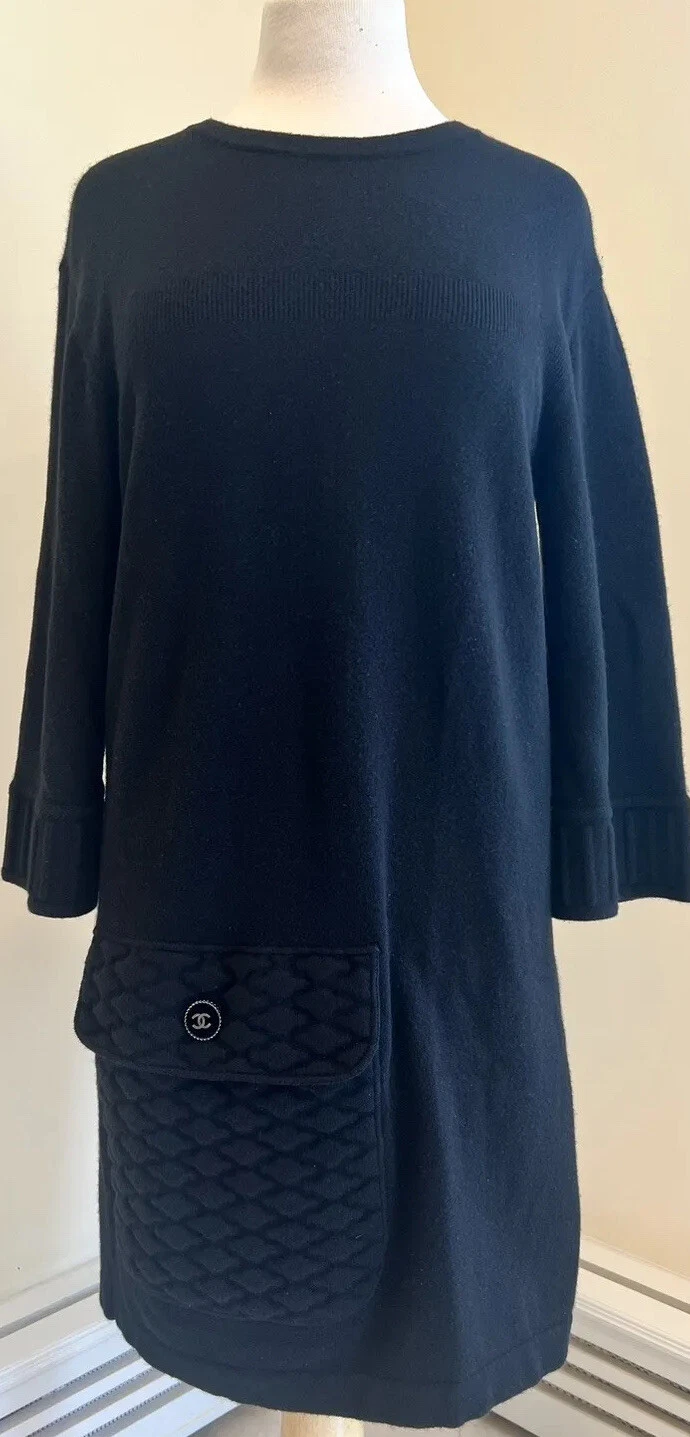 autentico abito CHANEL nero cashmere EDINBURG TASCABILE LAVORATO A MAGLIA 38