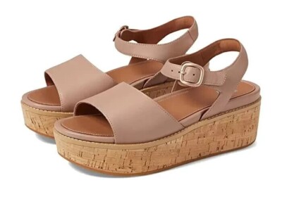 FitFlop Eloise FT6-137 Wedge Sandals Women's Beige Leather Cork-Wrap  Back-Strap | eBay