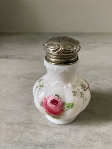 Hand Painted Shaker Roses on Milk Glass Dithridge? Salt or Pepper Swirl Bulbous - Picture 3 of 15