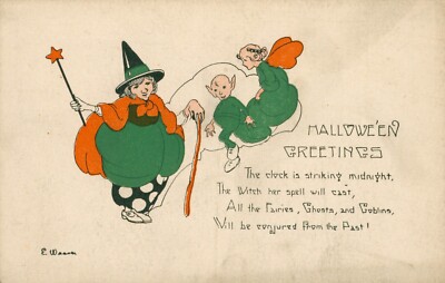 E Weaver Rare Green Witch, Goblin, Fairy Halloween #2399 Postcard~Antique~c1910