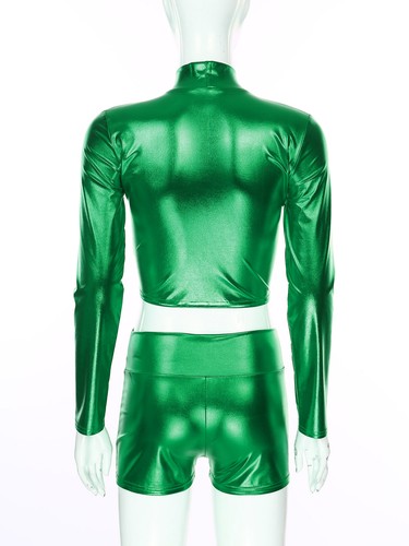 Womens Crop Top With Shorts Booty Outfit Swimsuit 2PCS Party Metallic Dancings - 第 23/57 張圖片