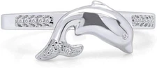 0.05 Ct White Natural Diamond Dolphin Motion Cocktail Ring 10k Solid Gold