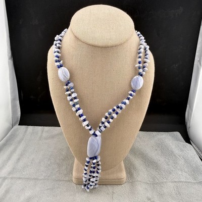 Vintage Jay King DTR Necklace Blue Lace Agate Polished Stone 18 