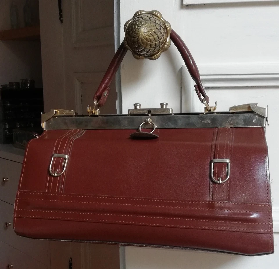 Sac médecin ancien, sac diligence en cuir marron  - Photo 4/4