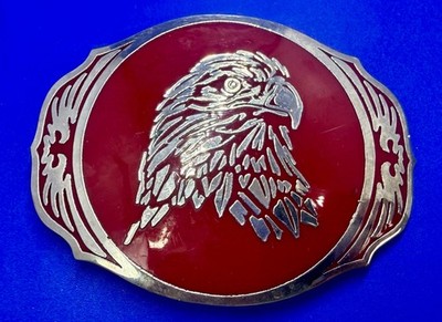 Patritoic American Bald Eagle Head Inlaid Red Enamel Vintage ADM USA Belt Buckle