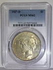 1927 D Peace Silver Dollar PCGS MS 62, Light Golden Hue