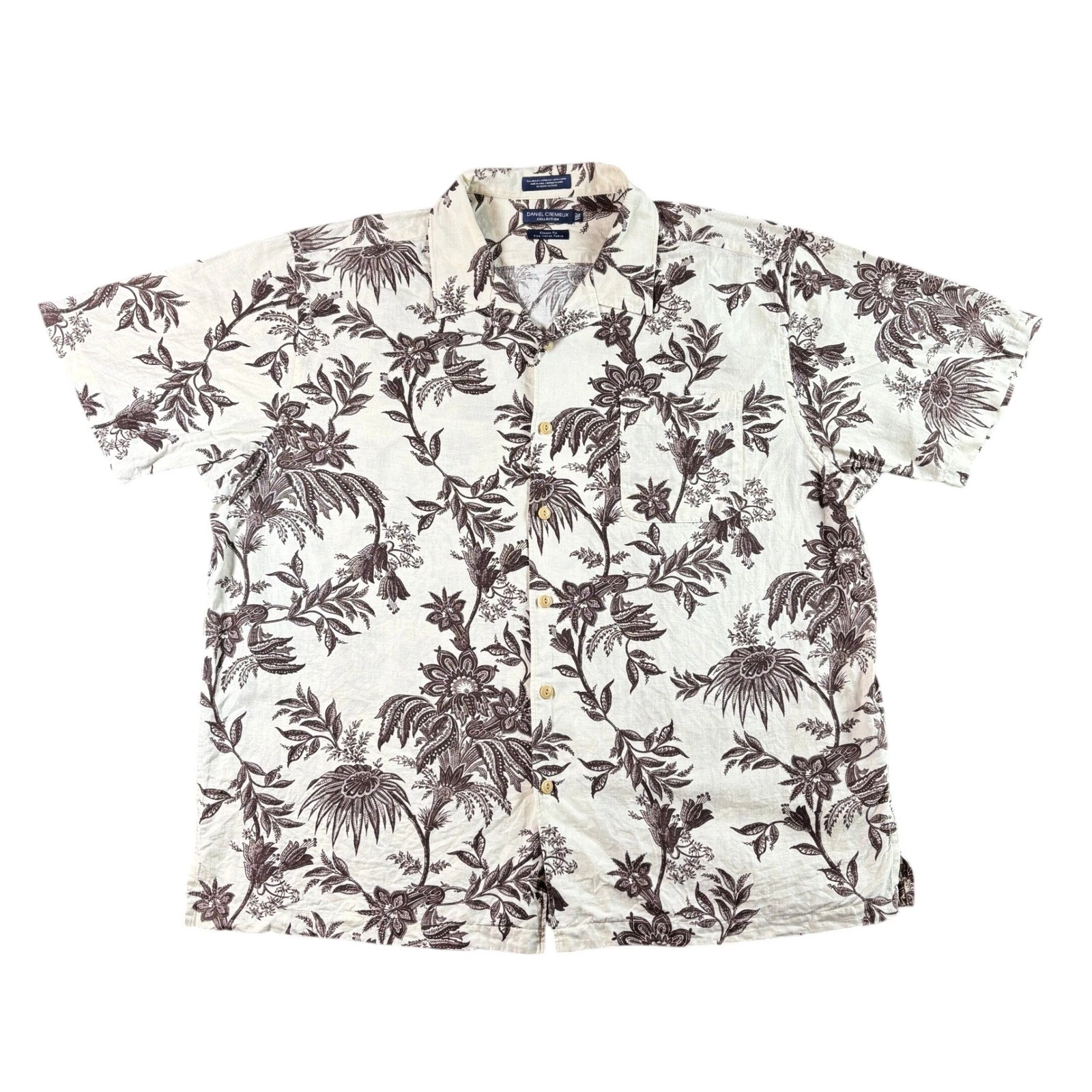 Daniel Cremieux XXL Linen Cotton Floral Hawaiian Shirt Brown Cream Classic Fit