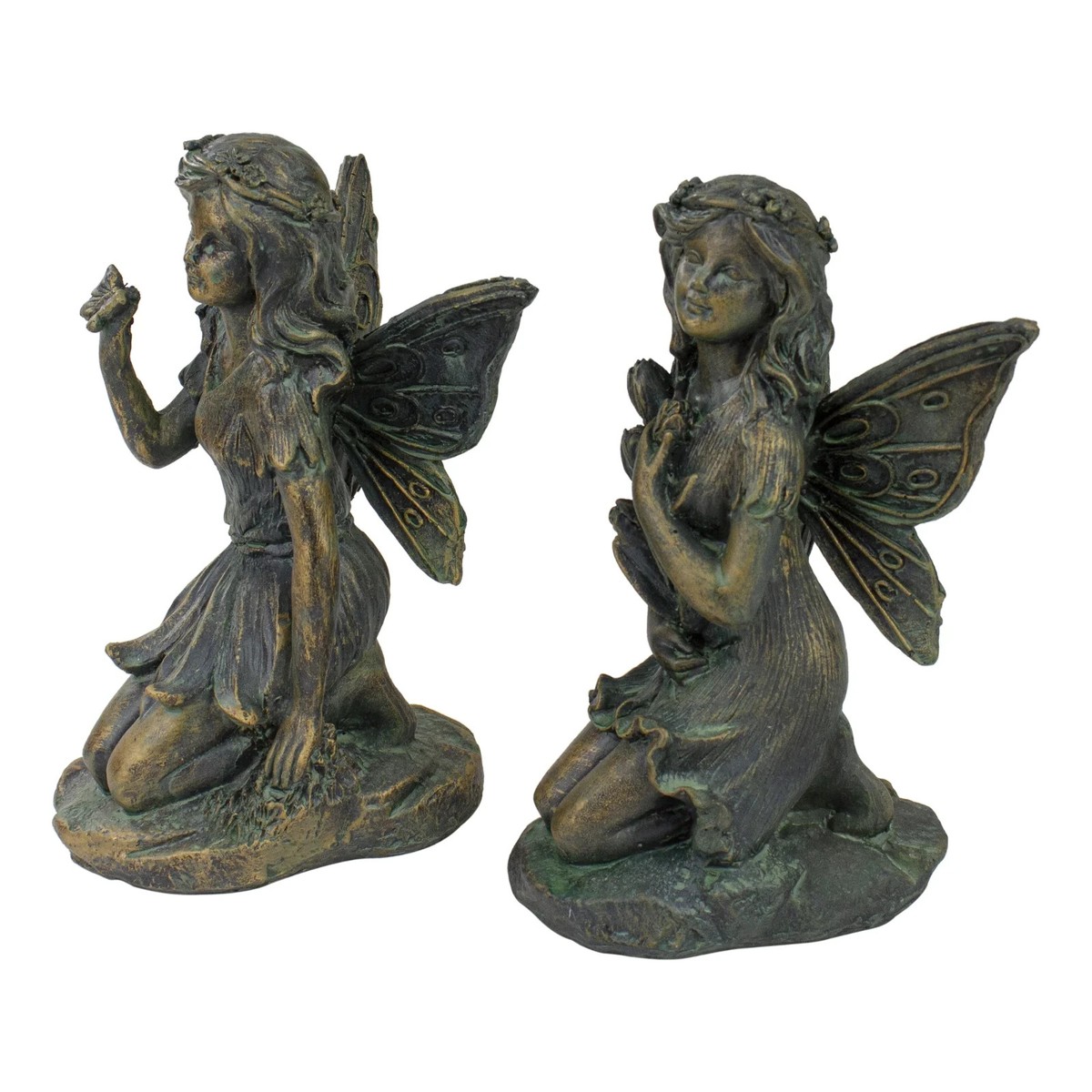 Butterfly Fairies 妖精 置物 2体セット　アンティーク Fairy Statues Set Of2 Bronze Flowers Butterfly Outdoor Garden
