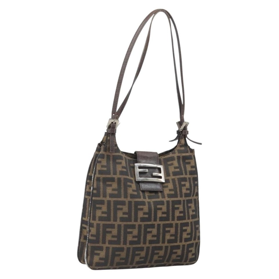 FENDI Zucca Canvas Mamma Baguette Shoulder Bag Black Brown Auth 171933