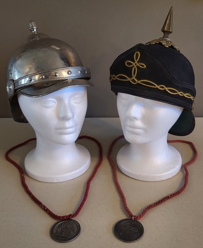 Vintage IOOF Odd Fellows Spiked Helmet PAIR (1 Metal & 1 Felt) + 2 Medals!