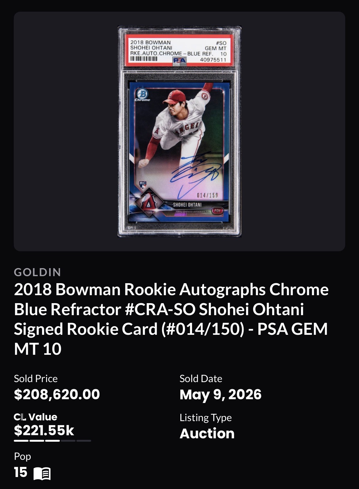 2018 Bowman Chrome Shohei Ohtani Green Refractor RC Auto PSA 9/9 Climbing Fast! view 9