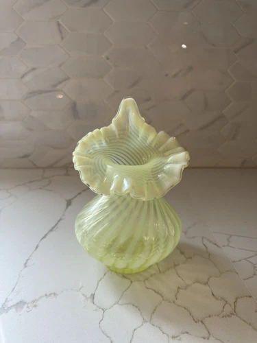 Fenton Vaseline Opalescent Vase Optic Swirl +