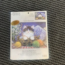 Vintage Cross Stitch Kit Kitty in Yarn Basket 51392 Crazy Cat Lady Lover 12"x9"