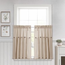 Button Farmhouse Kitchen Curtains Tier Set 29"W x 36"L Dark Linen Linen