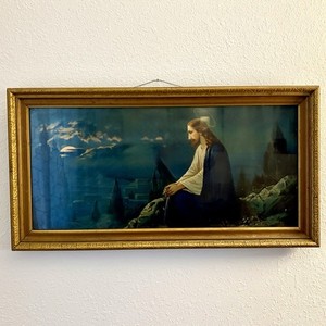 Antique Framed Jesus In The Garden Of Gethsemane Gold Tone Large 17.75” X 33.5”