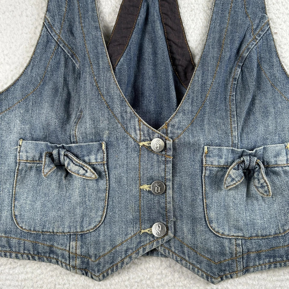 Chaleco Decree Vintage Mujer XL Azul Denim Jean Espalda Corredora Recortado Años 2000 Y2K Foto 2 de 4