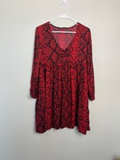 Zara Dress Womens Medium Red Snake Print V Neck Trapeze Swing Short 3/4 Sleeve