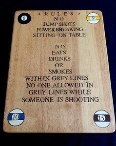 Vintage BAR POOL HALL RULES Sign Butcher Block Wood Hand-painted Sign Plaque 19”