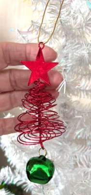 Vtg 4.5'' Red Green SPIRAL TIN  Metal Wire Xmas TREE JINGLE BELL ORNAMENT Star