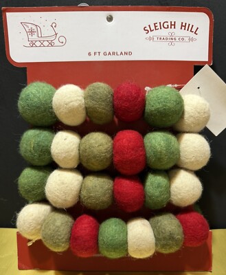 Sleigh Hill Large Wool Felt 6FT Red Green White Pom Poms Christmas Tree Garland