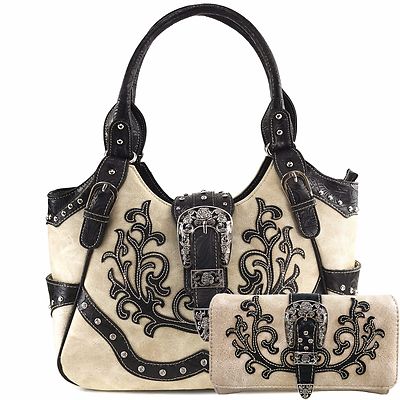 Justin West Western Floral CCW Stud Buckle Concealed Carry Handbag Purse Set