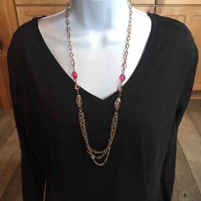 VTG 34  gold tone pink bezel and bead necklace
