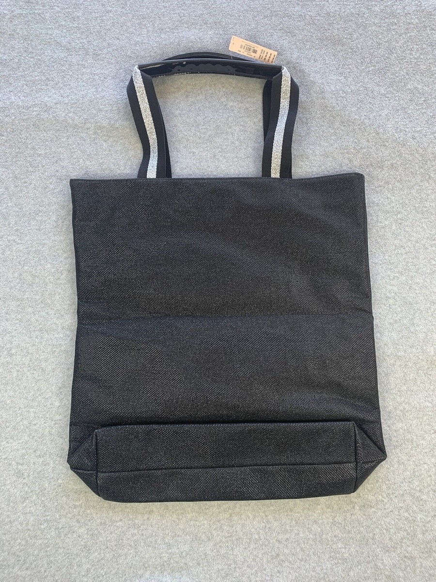 VICTORIA'S SECRET Black Glitter TOTE BAG Silver VS Logo