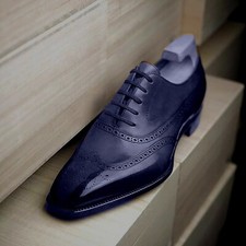 Men Handmade Genuine Leather Shoes Blue Oxford Lace-Up Wingtip Formal Dress Shoe