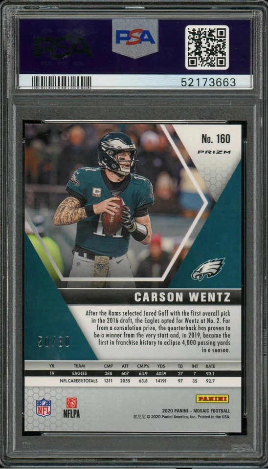 2020 Panini Mosaic CARSON WENTZ #160 Fusion Red Choice Prizm Graded PSA 10 GEM - Image 2 of 2