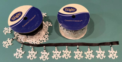 Wrights 2  Halloween Beaded White Skeleton Black Trim - 1 yard spool - Lot of 2