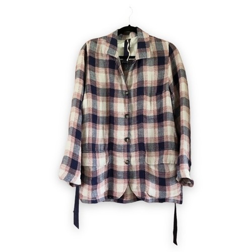 Diega Plaid Linen Valenzo Jacket Red Gray Cream Waist Tie Pockets Size Small - Picture 2 of 6