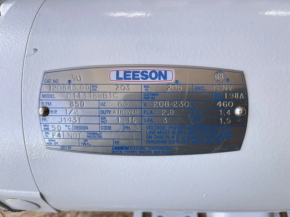 Leeson C143T8WB1C 1/2 HP AC Motor 850 RPM 208-230/460V 3pH TENV 7/8 Shaft J143T - Image 2 of 4