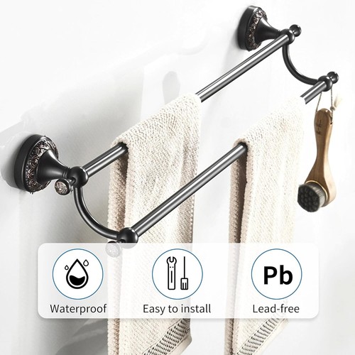 Durable Brass Double Towel Bar with Elegant Pattern - Adjustable 15.5 to 27.5 in - Picture 8 of 11