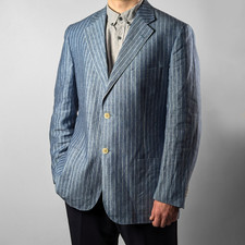 Corneliani Striped Blue/White Linen Casual Summer Italy Blazer Jacket IT50/M-L